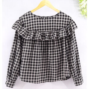 La Vie Rebecca Taylor Plaid Ruffle Blouse Black White Long Sleeve Sz M